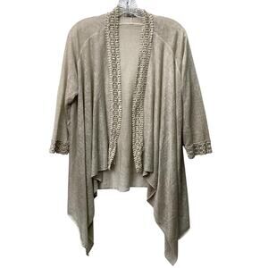 Elena Baldi Womens Large Beige Woven Burnout Crochet Detail Open Cardigan